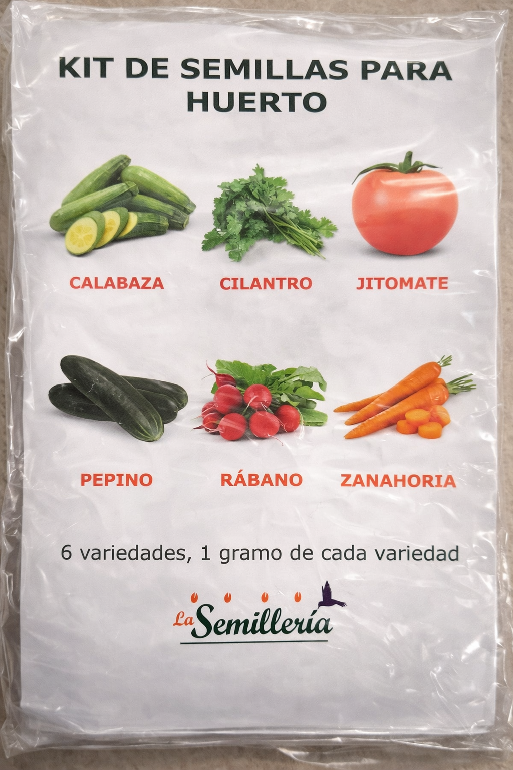 Empaque Kit de Semillas para Huerto - 6 variedades 1 gramo cada una.
